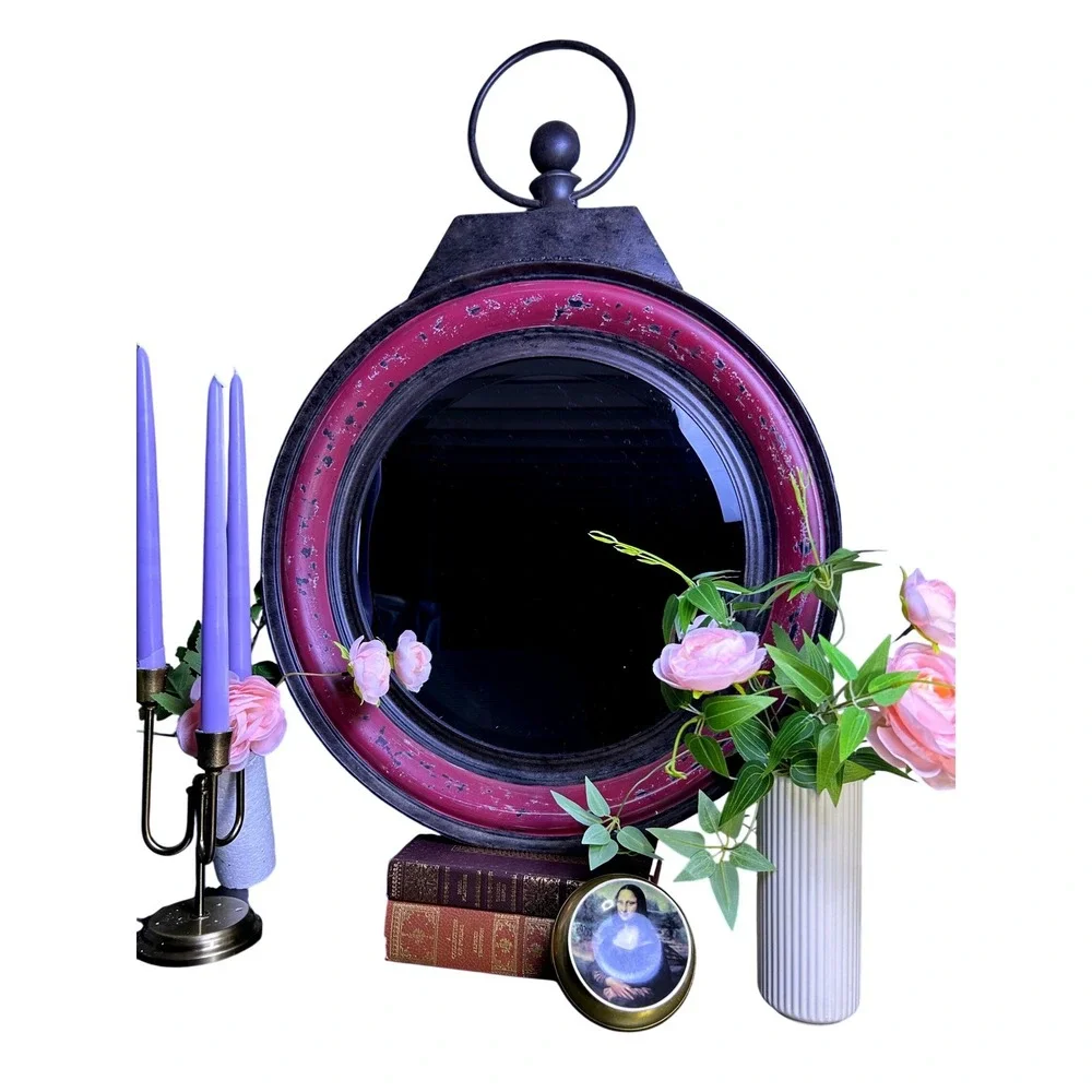 Oversized Industrial Round Mirror Distressed Berry Metal Wall Accent 24